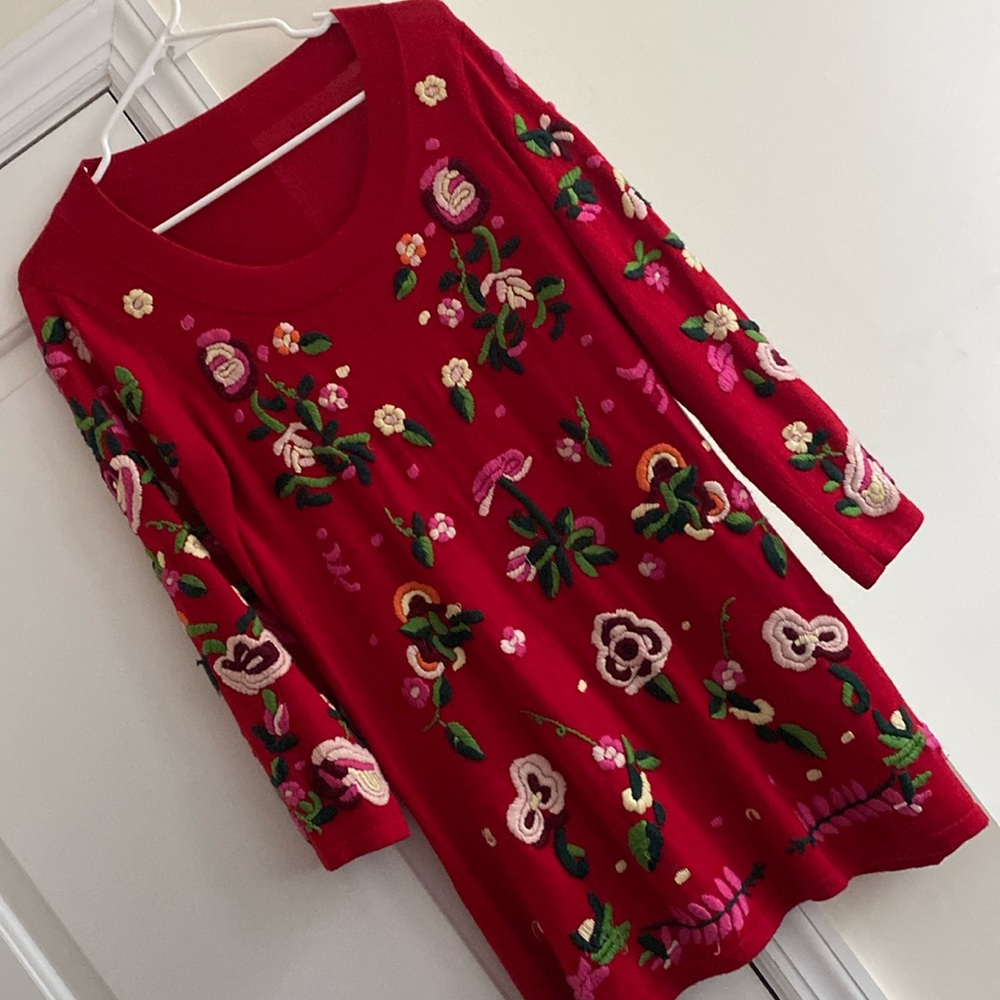 Red Embroidered Sweater Dress Floral Bright Knit stretchy